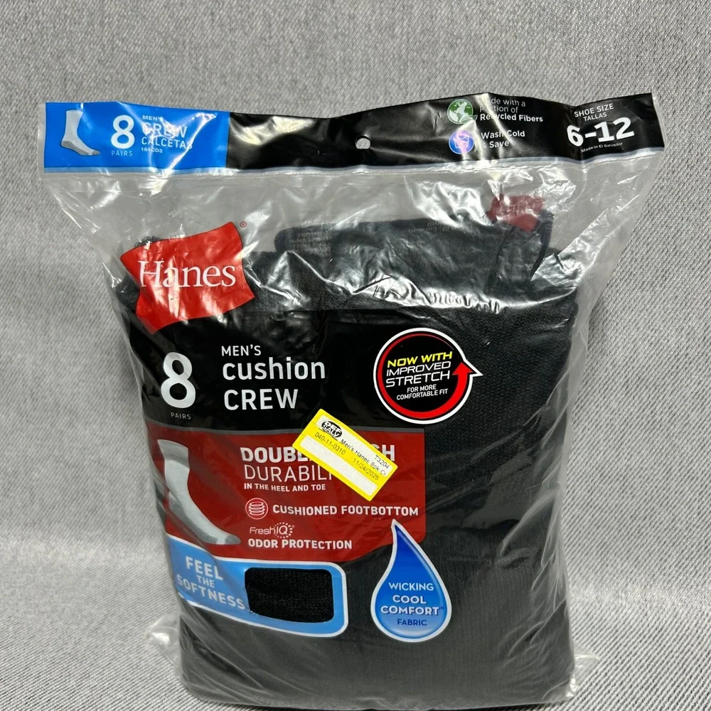 Hanes Mens Cushion Crew Socks 8 Pair Pack 6-12 Black FreshIQ Wicking